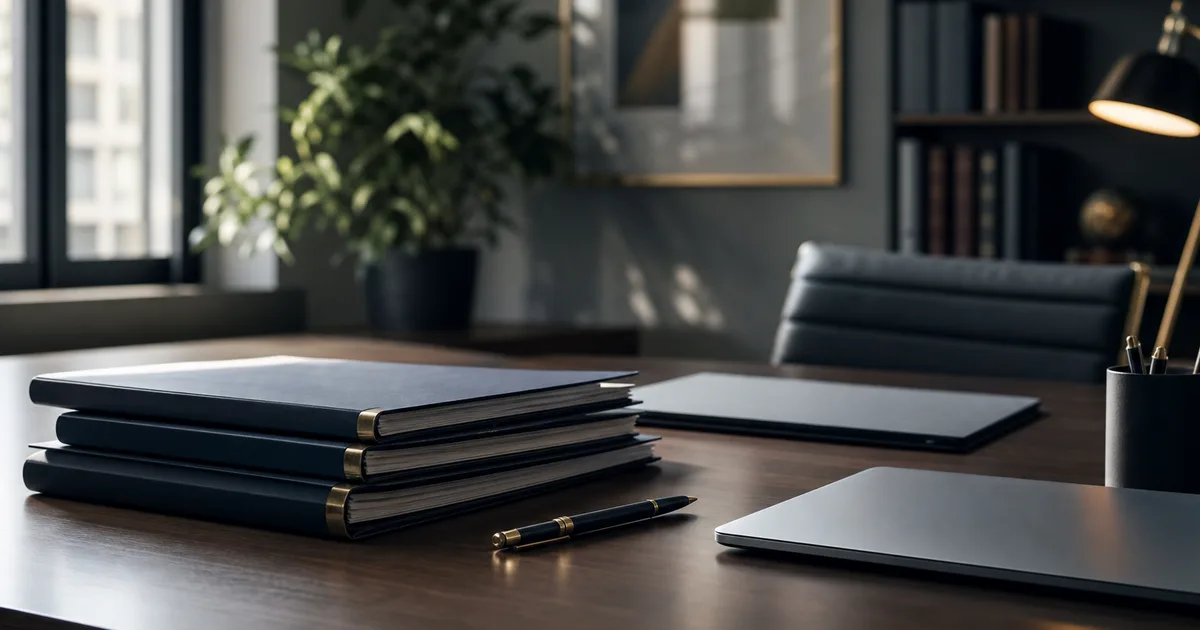 An organized desk with several official-looking document folders, a pen and a laptop, clean bright light, no readable text, no people