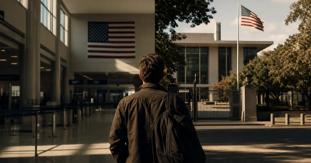 A split-view of a US Customs arrival hall on one side and a US embassy exterior gate abroad on the other, afternoon light streaming through high windows
