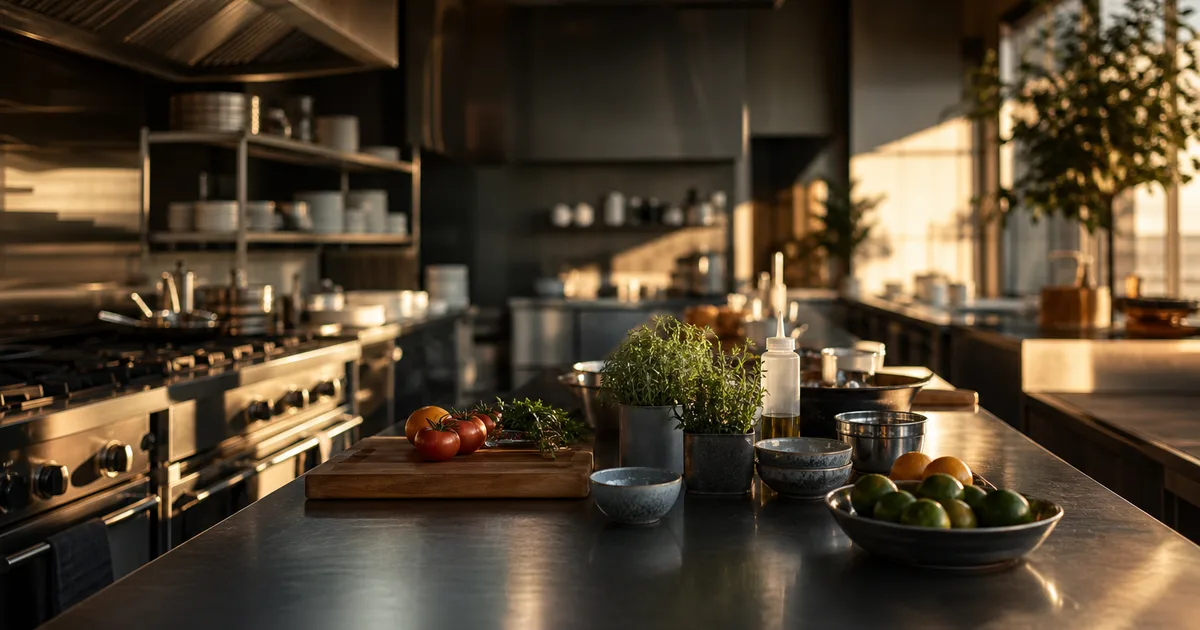 A professional restaurant kitchen at golden hour with gleaming stainless surfaces and neatly arranged ingredients, warm inviting light, no people