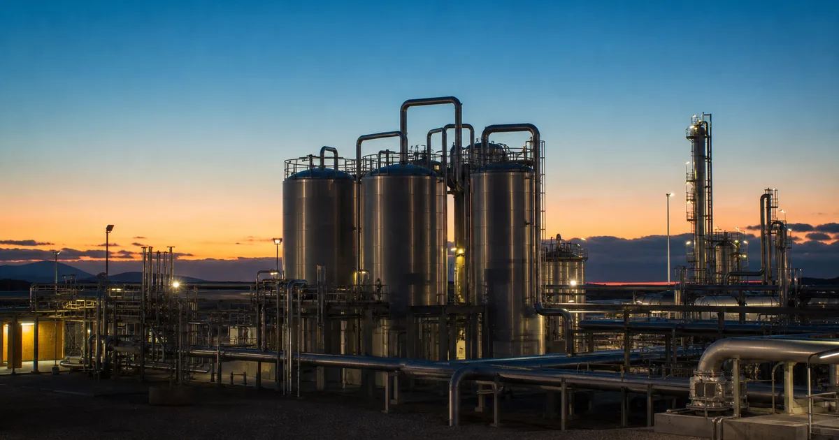 An industrial process plant with stainless-steel pipes and tanks photographed at blue hour, clean geometric composition