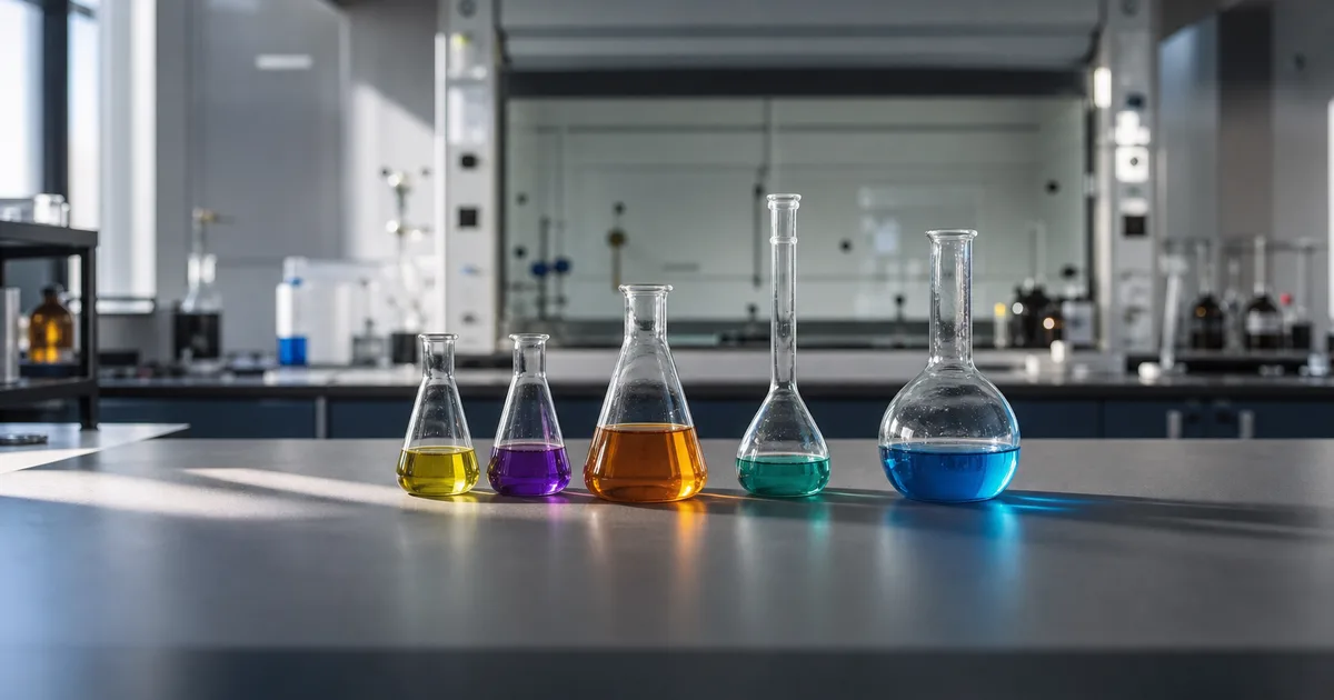 A chemistry lab bench with glassware, flasks of colored liquid and a fume hood, cool clean light, shallow focus, no people