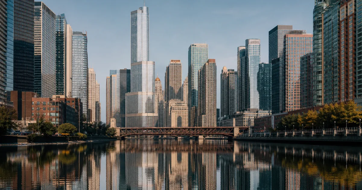 Chicago Loop skyline reflected in the Chicago River on a clear morning, steel-and-glass towers lining the riverbanks under soft blue sky