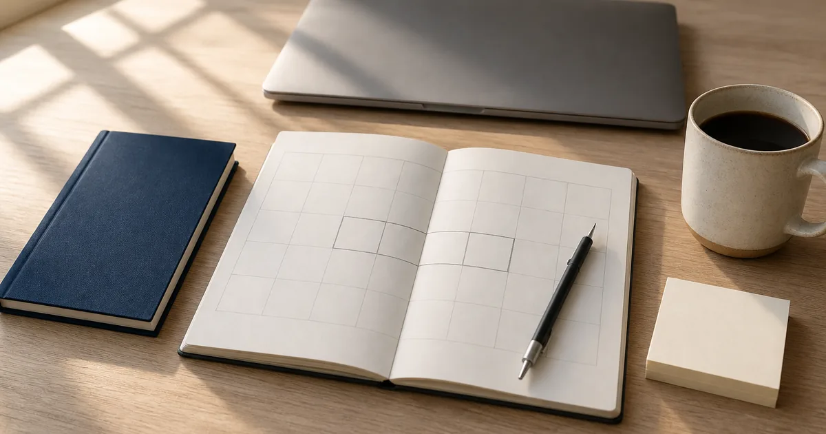 A wall calendar on a desk beside a closed laptop and a coffee cup, one block of dates lightly circled in pencil, warm morning light from a window