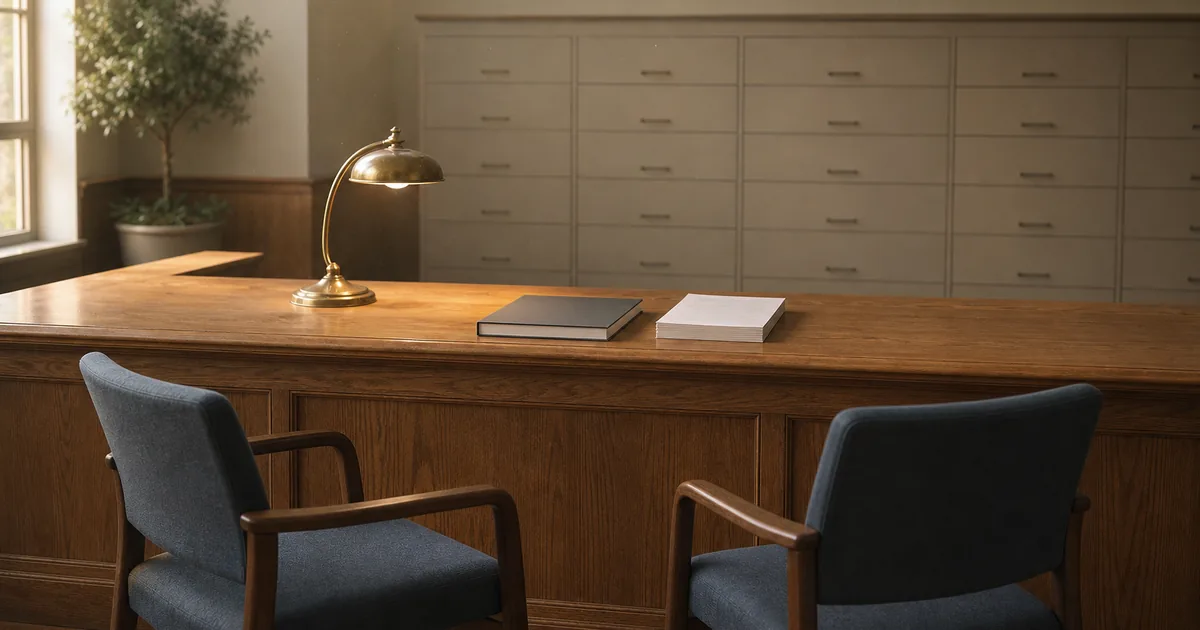A university registrar's office counter at dusk with a folded program catalog, a desk lamp, and empty chairs waiting in soft focus
