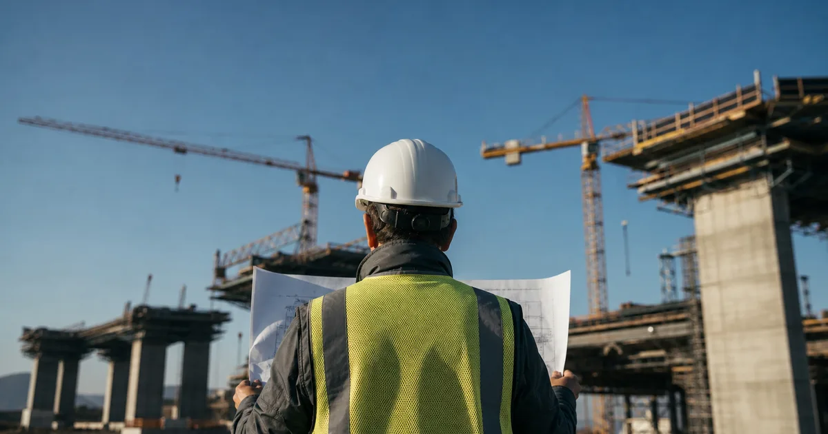 A civil engineer in a hard hat and reflective vest reviewing printed blueprints at a bridge construction site, cranes visible against a clear blue sky in the