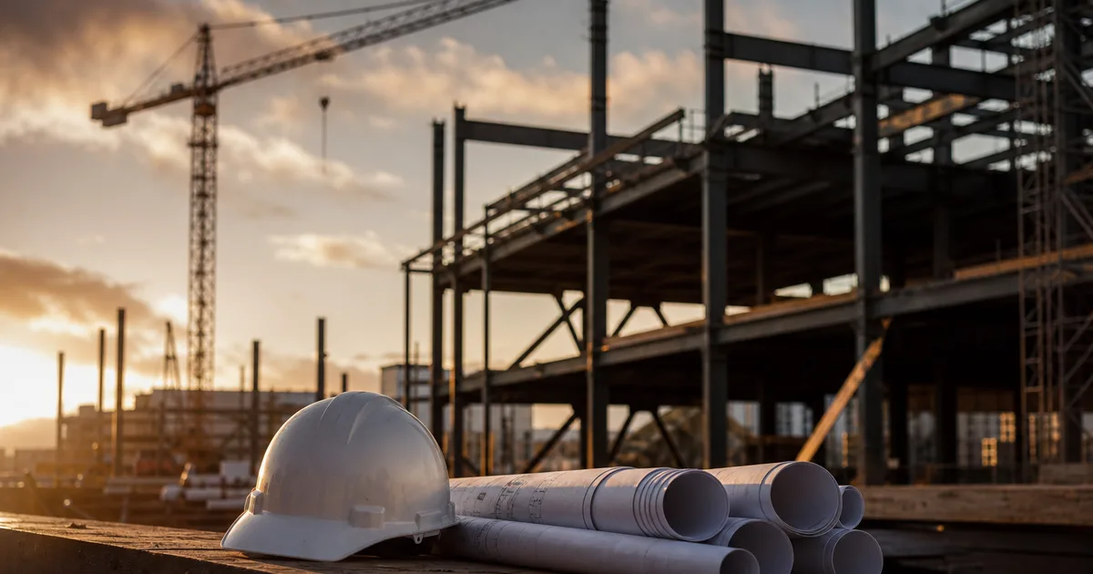 A construction site at golden hour with structural steel and a tower crane, a hard hat and rolled blueprints on a foreground table
