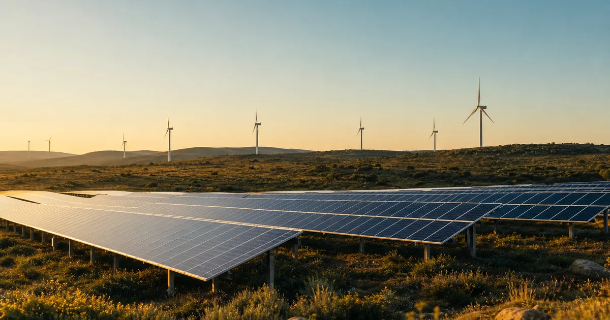 A solar farm with wind turbines on the horizon at golden hour, an expansive optimistic landscape