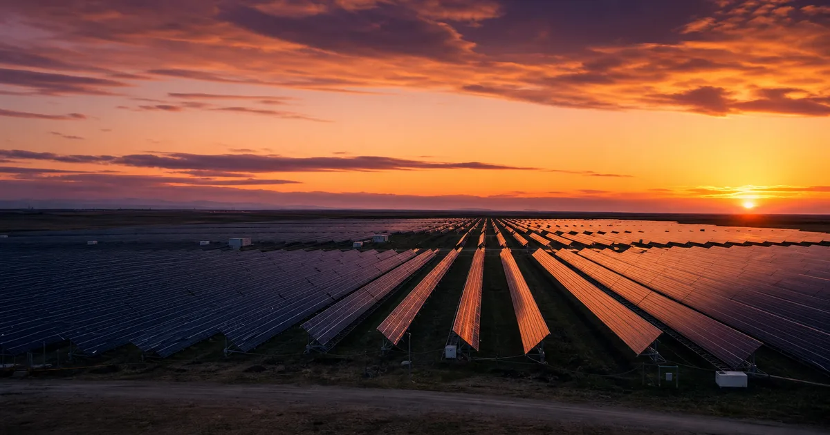 Wide-angle shot of a wind farm at golden hour with a software engineer reviewing data on a laptop in the foreground