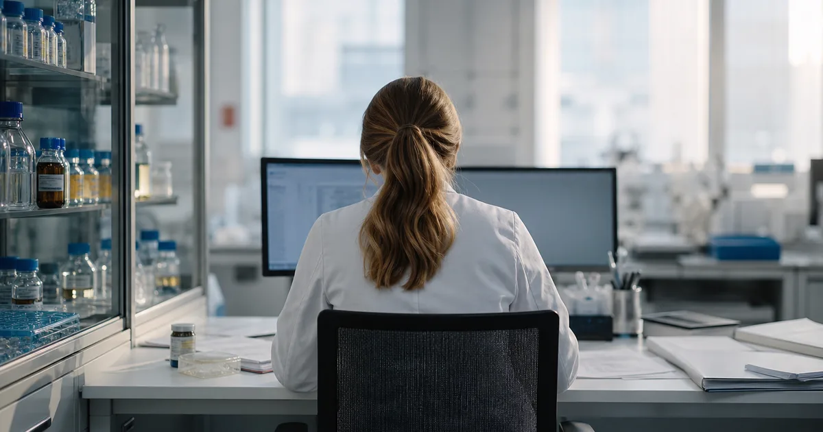 A clinical research analyst seated at a workstation in a bright pharmaceutical lab, surrounded by labeled biopharma samples in a cabinet and printed