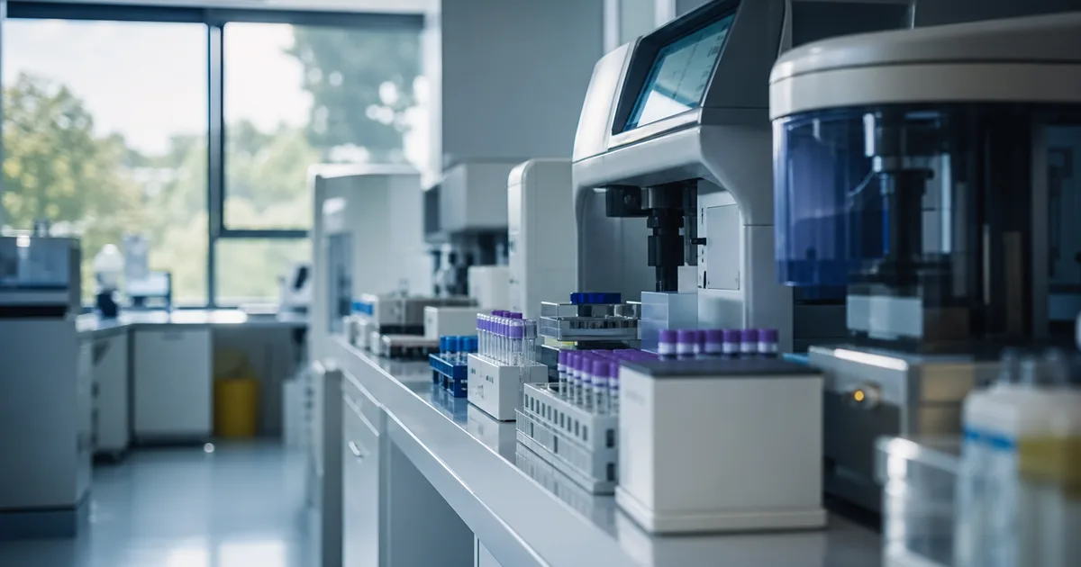 A clinical diagnostics lab with analyzer machines and sample racks on clean benches, cool blue-white light, shallow focus, no people