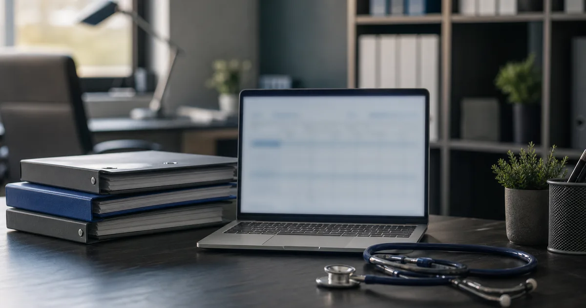 A clinical research office with organized binders, a laptop showing blurred trial data and a stethoscope, clean professional light, no people