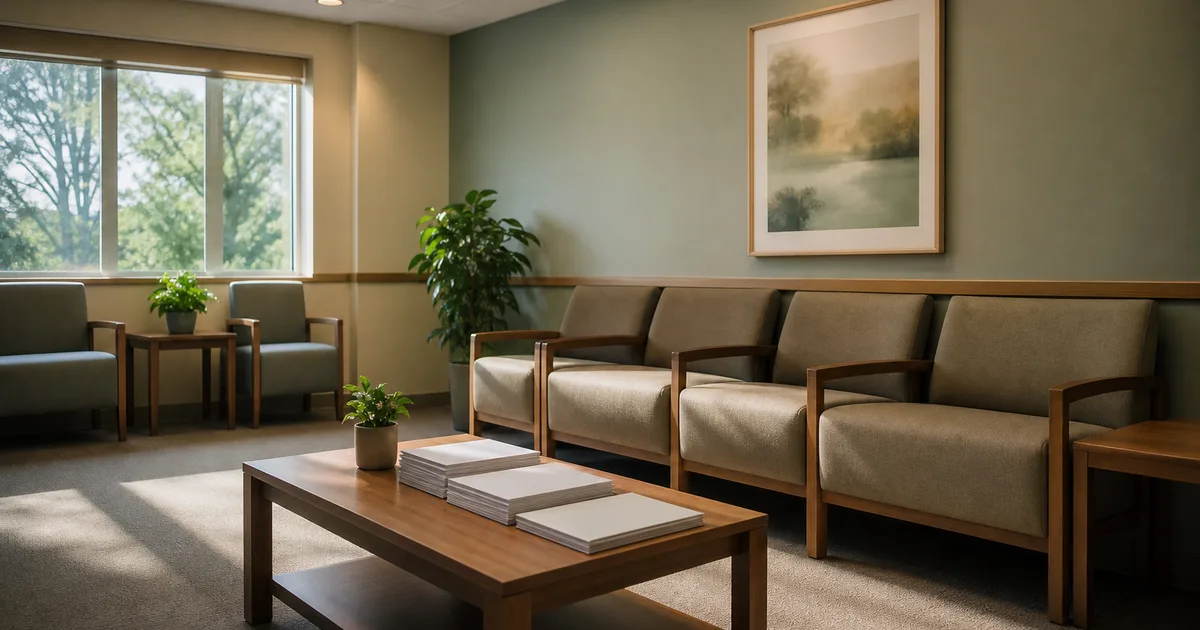 A clinical social worker sits across from a patient in a sunlit therapy office with potted plants and soft chairs, reviewing notes on a clipboard