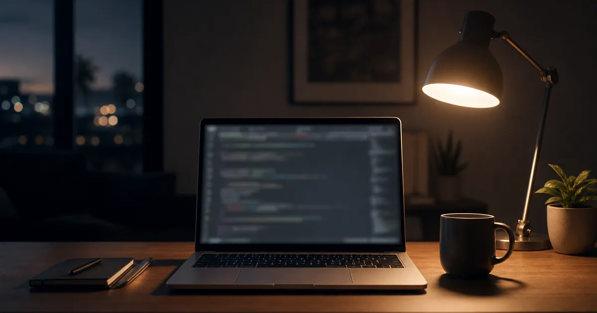 A developers late-night desk with a laptop showing blurred code, a mug and a warm desk lamp, focused studious mood