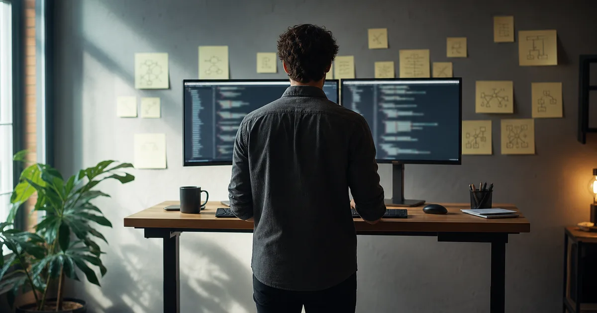 A developer at a standing desk typing rapidly on a mechanical keyboard with two monitors showing code editors, surrounded by sticky notes with algorithm