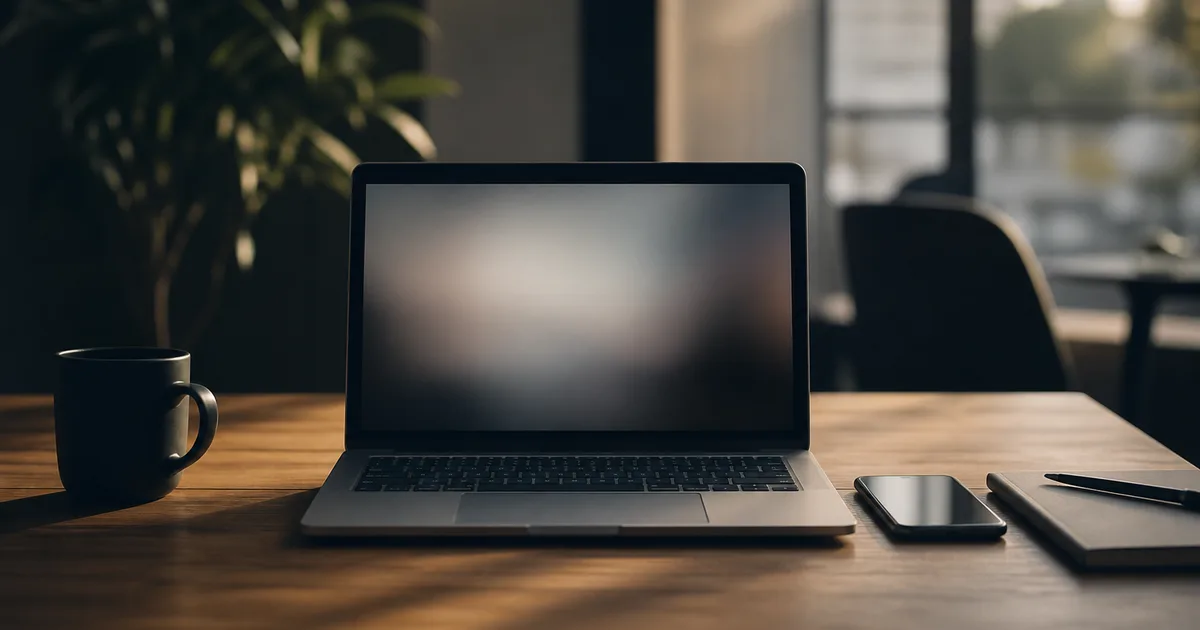 A focused desk with a laptop showing a blurred email draft, coffee and phone, early-morning productivity light