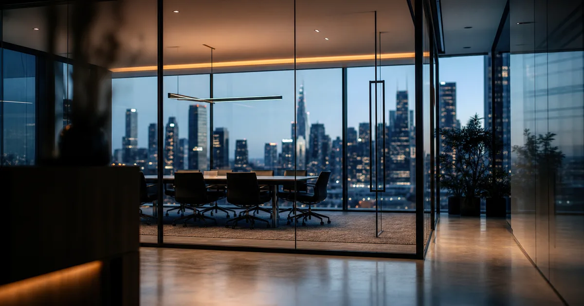 A corporate communications office at blue hour, a glass-walled meeting room and city skyline beyond