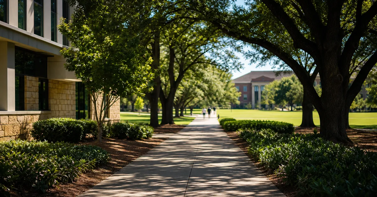 A tree-lined campus pathway connecting a community college building to a university quad at midday