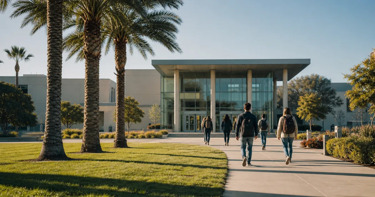 A community college courtyard on a bright morning, students walking toward a modern building entrance, palm trees and manicured grass in the foreground