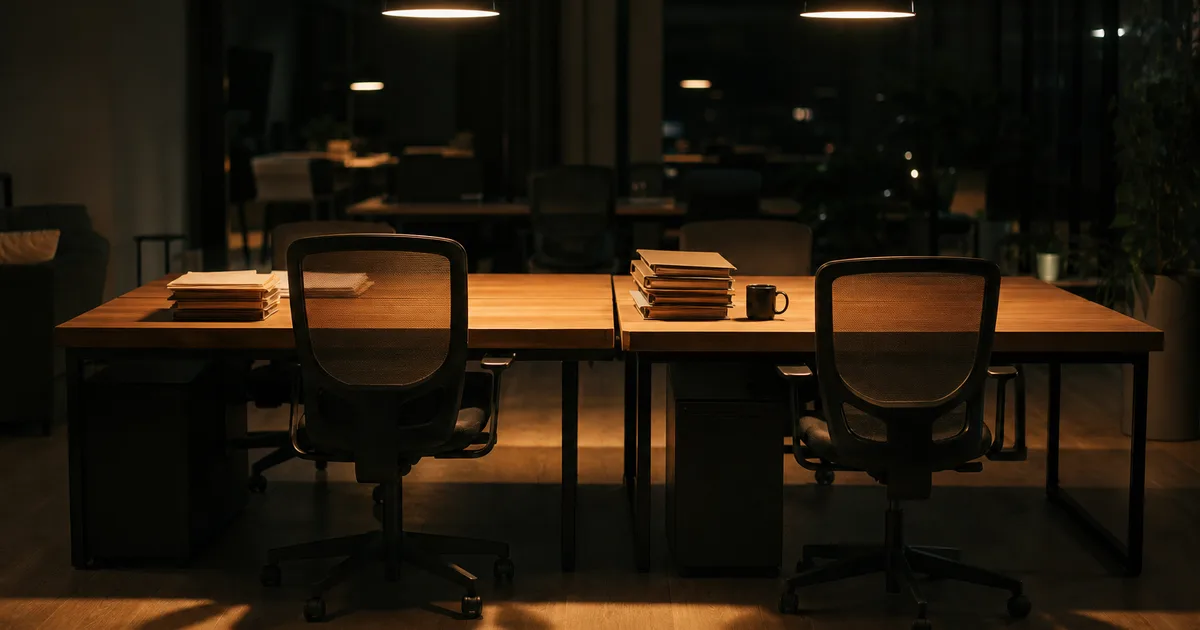 A shared co-working room late at night, two empty desks side by side with stacked paper folders and a cold mug, warm overhead light pooling on the wood