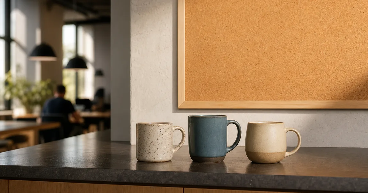 A shared co-working kitchen at midmorning, three mismatched mugs on a counter beside a corkboard