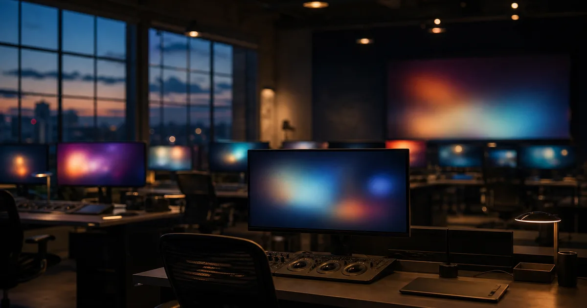 A rendering engineer working at a multi-monitor workstation surrounded by realistic 3D frame renders and GPU diagnostic panels in a dimly lit studio