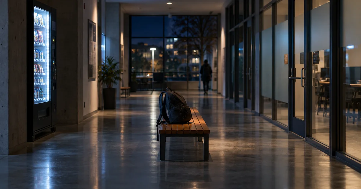 A university computer science building corridor at night, closed lab doors with frosted glass, a vending machine casting a soft glow and a single backpack