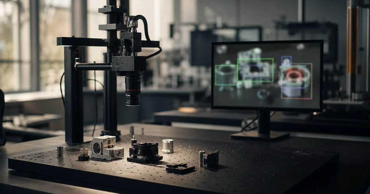 A robotics-vision lab with a camera rig pointed at objects on a bench and a monitor showing a blurred detection overlay, focused light, no people