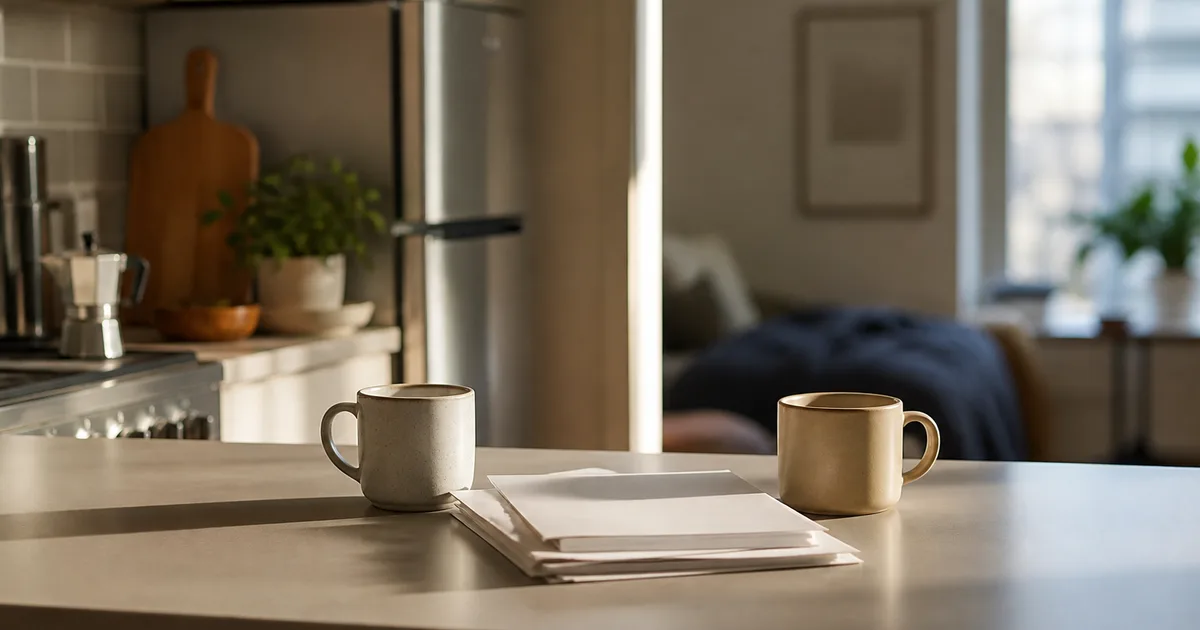 A couple reviewing immigration paperwork together at a kitchen table with a laptop and coffee mugs nearby