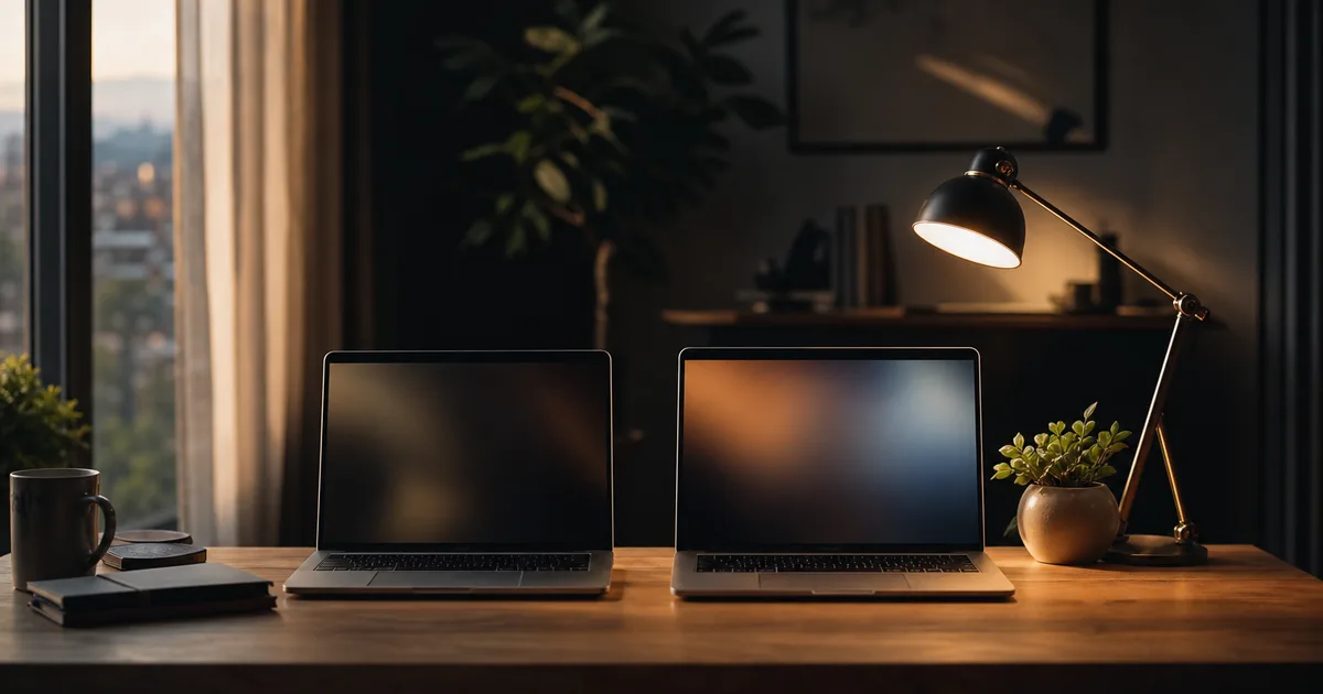 A desk with two laptops side by side and a single desk lamp, suggesting dual work, warm focused evening light, no readable text, no people