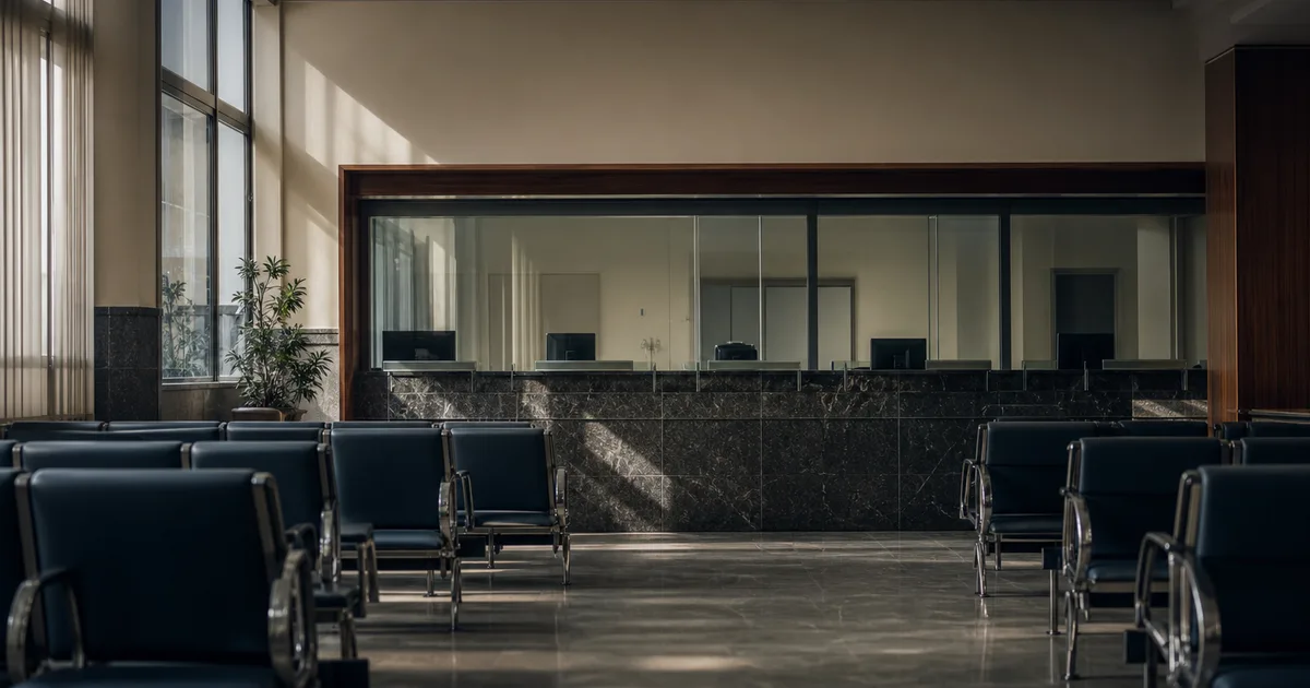 A formal consulate waiting area with rows of empty chairs and a service window, cool institutional light, no people