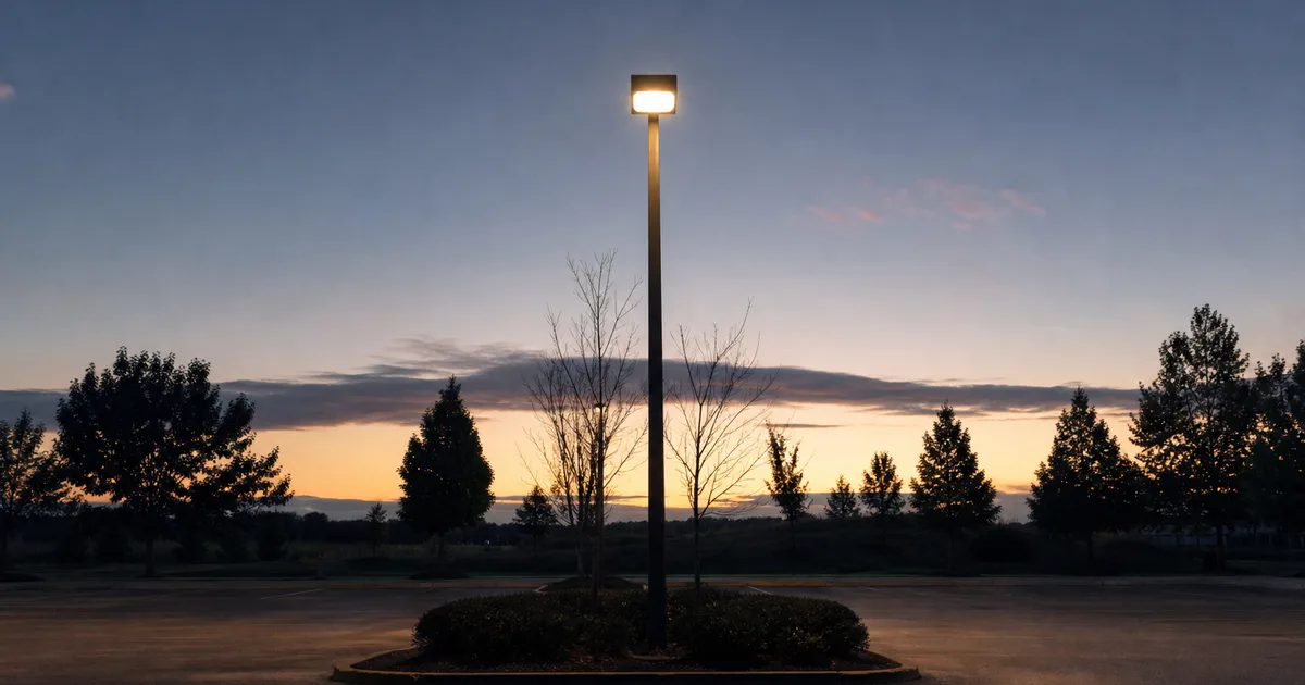 A quiet business-park parking lot at dawn, empty spaces and a single lamppost still lit against a pale sky
