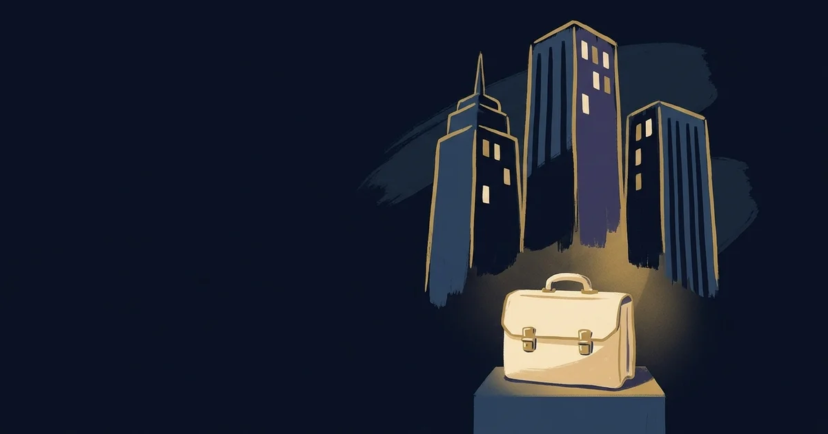 A cluster of three corporate building silhouettes with a stylized briefcase on a pedestal in the foreground.
