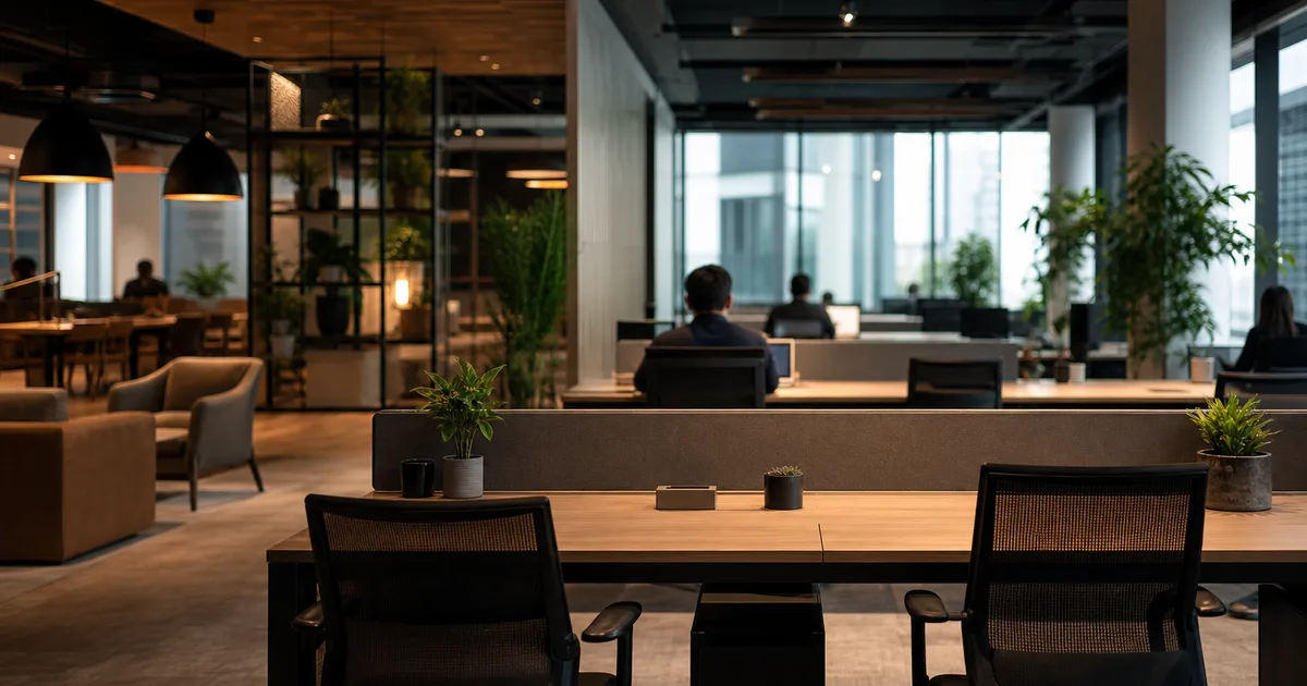 An open-plan modern office with both permanent desks and a hot-desk zone, warm overhead lighting, professionals at work with no readable screens