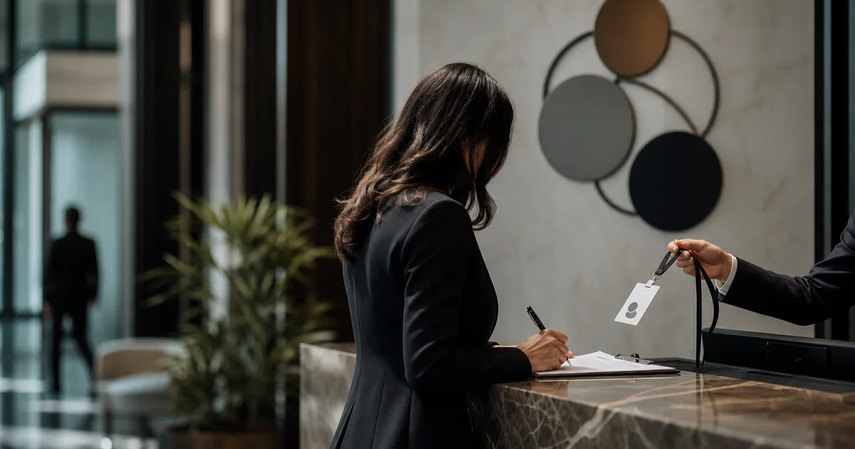 A professional signing paperwork at a desk being handed a badge or ID card in a corporate reception area with a company logo on the wall behind