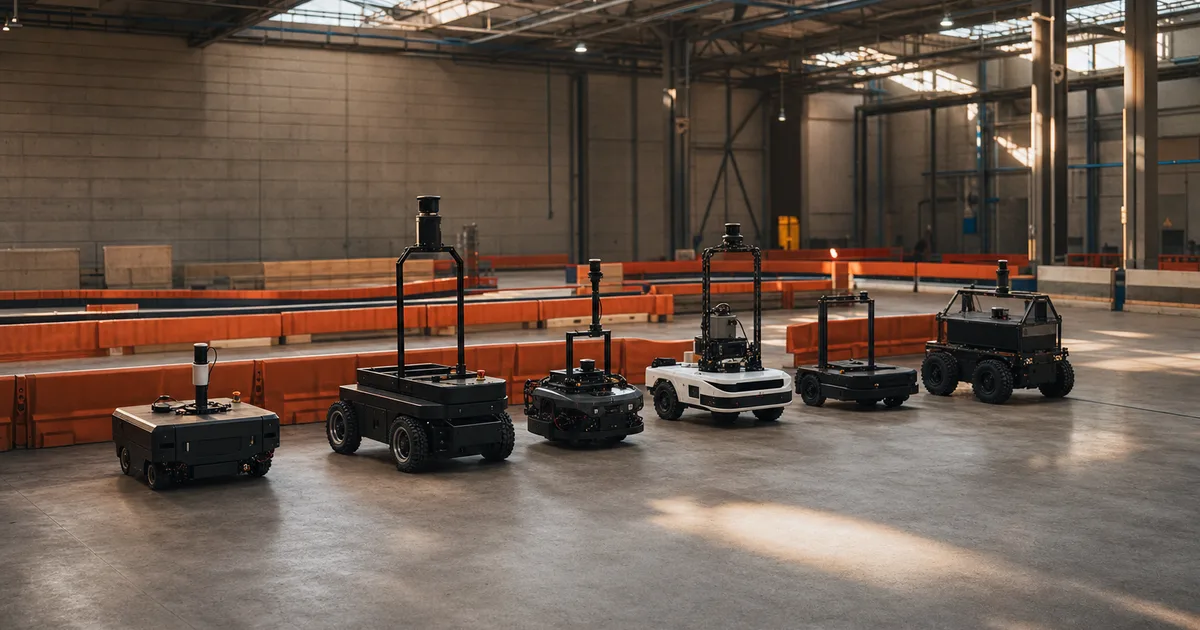 A robotics engineer in a hard hat stands beside an industrial robotic arm on a factory floor, reviewing code on a laptop