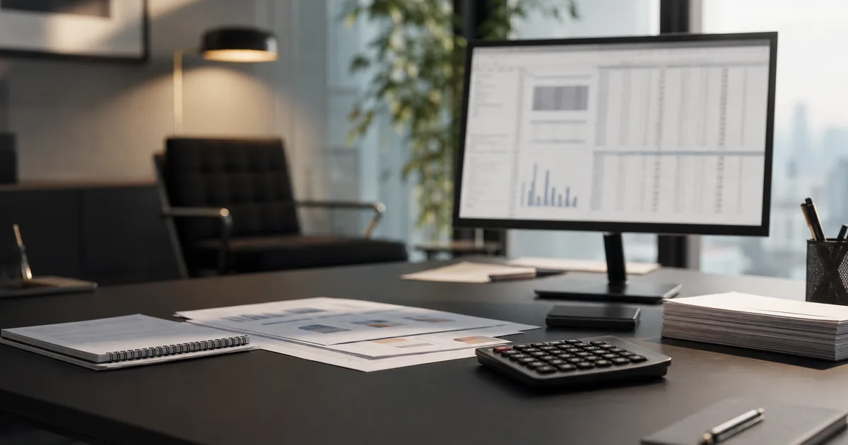 A corporate finance office with a monitor showing soft blurred financial models, a calculator and documents on a clean desk, professional light, no people