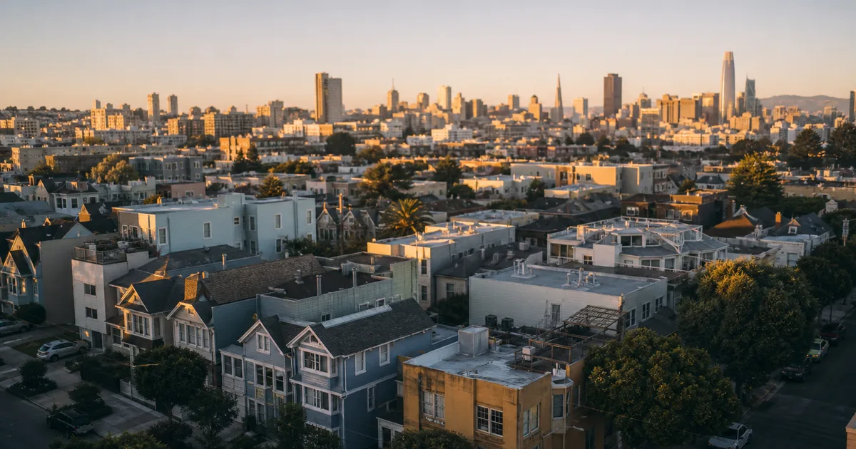 A bird's-eye view of a colorful urban neighborhood with distinct skyline visible in the background, late afternoon golden light over rooftops