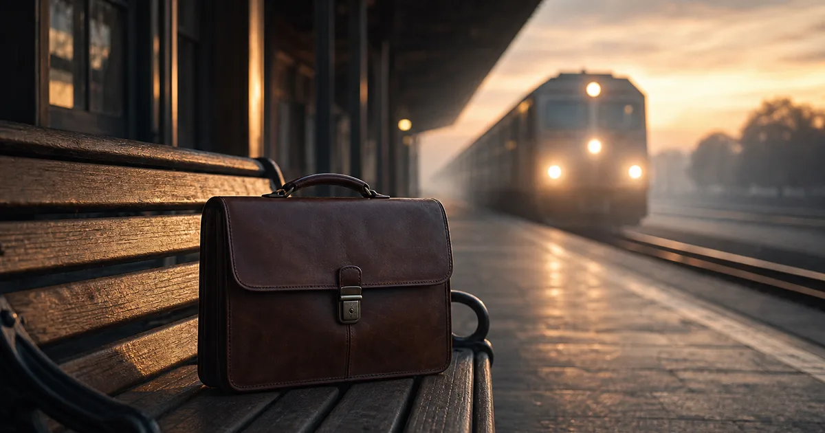 A dawn train platform, a commuter's briefcase resting on an empty bench as the first train arrives