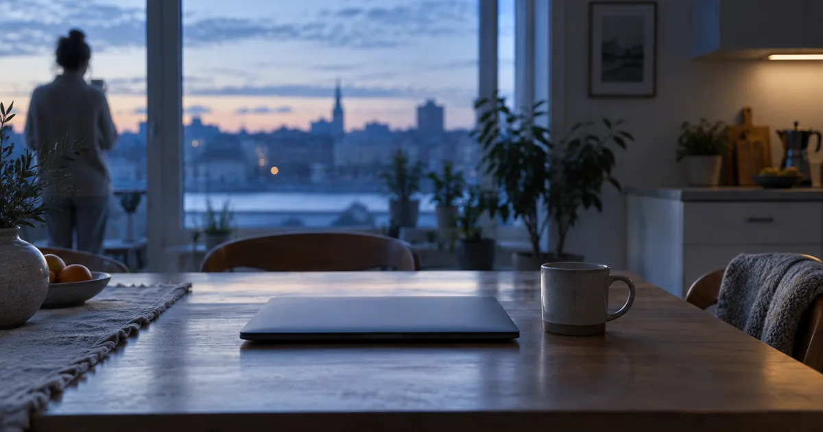 An international student typing a cover letter draft on a laptop at a sunlit desk with a notebook nearby