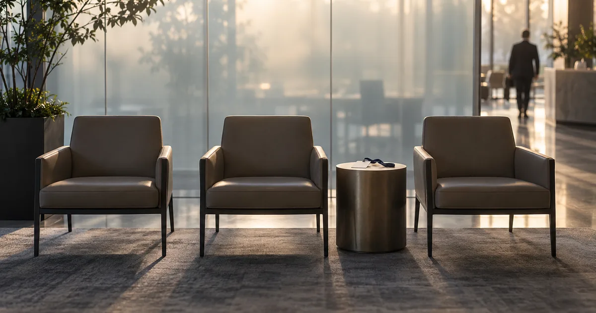 A corporate lobby's row of empty visitor chairs facing a frosted-glass wall at early morning, a single blank intern badge on a low side table