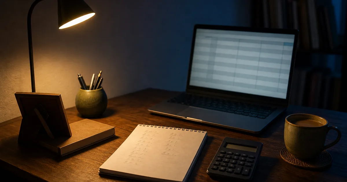 A parent's desk at night with a notepad of handwritten arithmetic, a calculator and a laptop showing a plain chart of dates, warm lamp light, no people