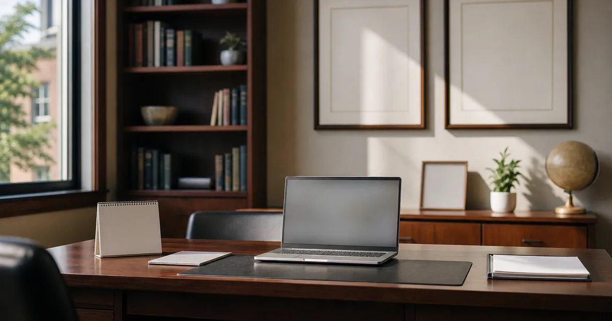International student reviewing paperwork at a university library desk with a laptop open beside stacked textbooks