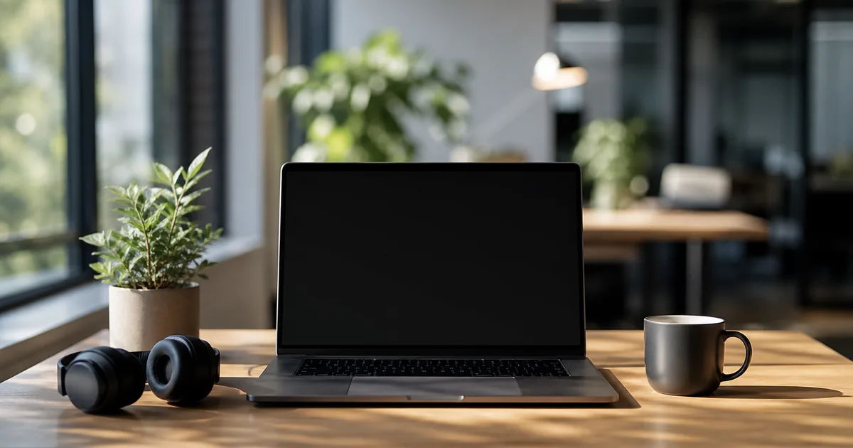 A friendly modern office with a laptop, headset and a coffee on a clean desk by a bright window, welcoming light, no people