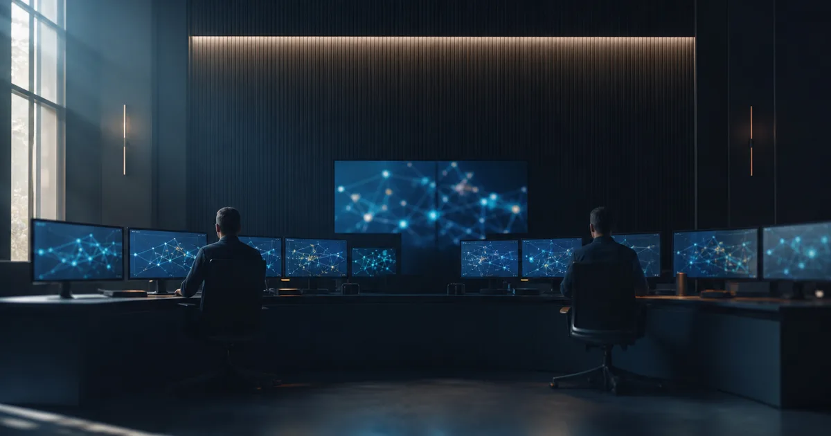 A security operations center with a semicircular bank of monitors showing network topology maps, low blue ambient lighting, and two engineers reviewing alert