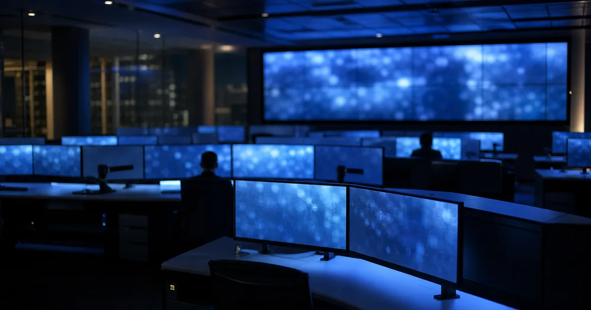 A security operations center at night with analysts working at dual-monitor workstations showing network traffic dashboards and alert feeds