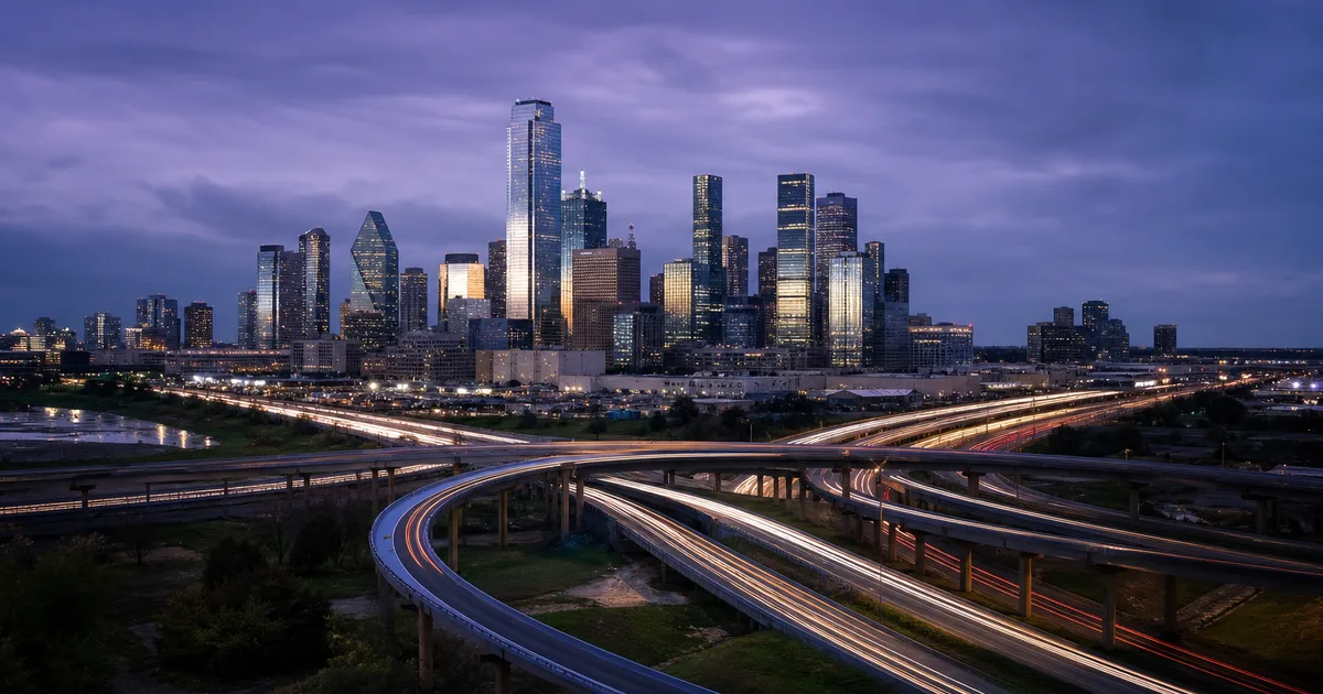 Downtown Dallas skyline at dusk with glass office towers reflecting warm sunset light over the Trinity River corridor