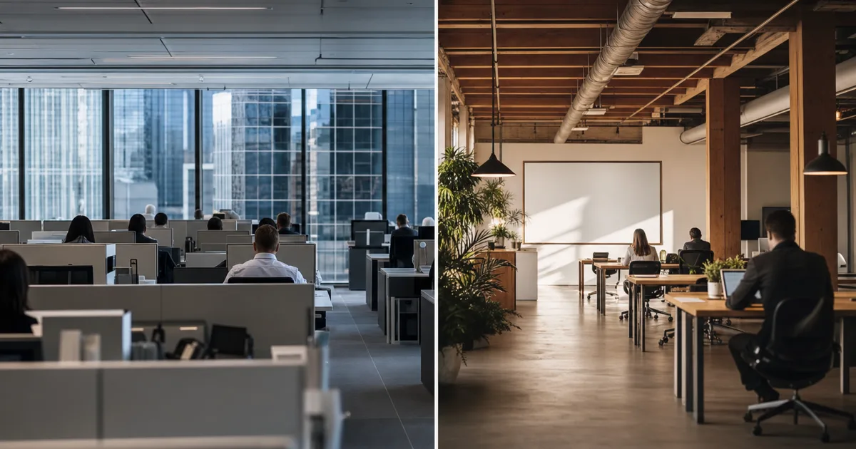 Two contrasting office settings side by side - a corporate glass-tower consulting floor with rows of identical workstations versus a boutique firm with a