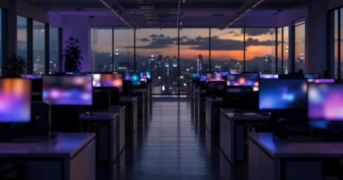 A data analyst reviewing charts on dual monitors in a modern open-plan office with natural light