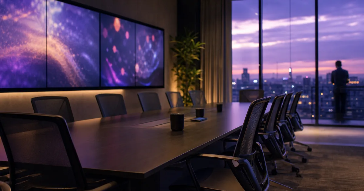 A data analyst at a standing desk reviewing dashboards on dual monitors in a modern open-plan office with city views