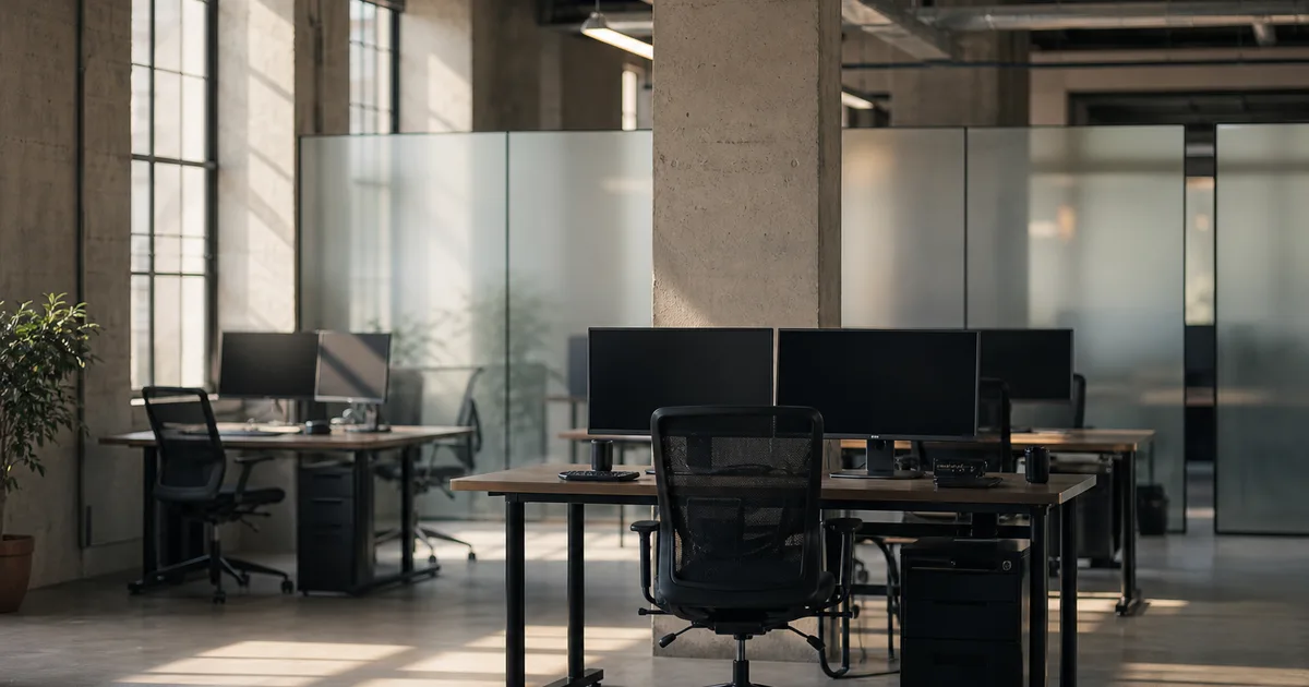 A minimalist open office with exposed concrete and frosted glass partitions, engineers working at ergonomic setups with dual monitors, soft daylight
